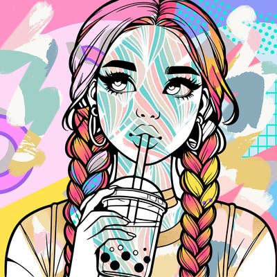 realistic girl with braided hair drinking boba