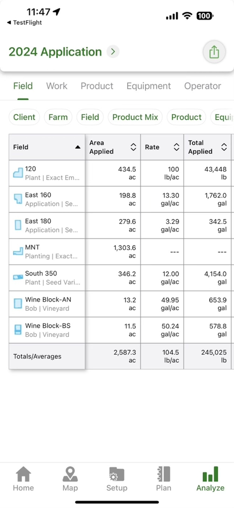 Operations Center Mobile - Una tabla de datos en la aplicación John Deere Operations Center Mobile que muestra el área aplicada y las tasas de productos para varios campos agrícolas.