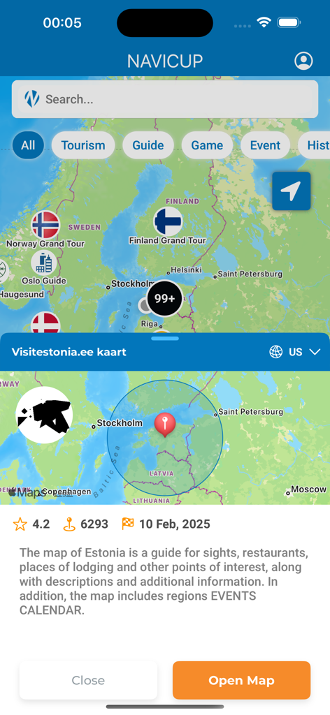 NaviCup - NaviCup mobile app displaying a map of Northern Europe with event markers and a tourism guide popup.