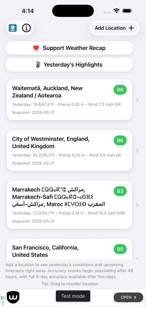 The Weather Recap - Tela do aplicativo The Weather Recap mostrando uma lista de locais com dados meteorológicos de ontem e pontuações de precisão