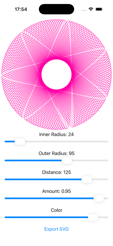 Spirograph Drawing - Interfaz de la aplicación Dibujo Espirográfico que muestra un patrón geométrico rosa y controles deslizantes para el radio y la distancia.