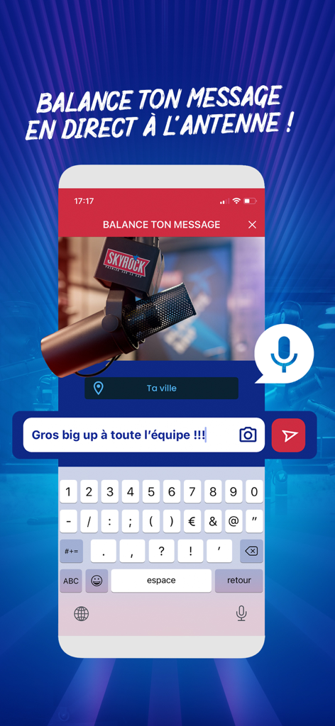 Interfaz de la app Skyrock mostrando la función para enviar mensajes en vivo al estudio de la estación de radio