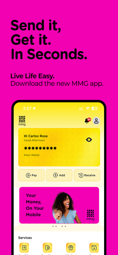 mmg Customer - The home screen of the mmg Customer app showing options to pay add and receive money