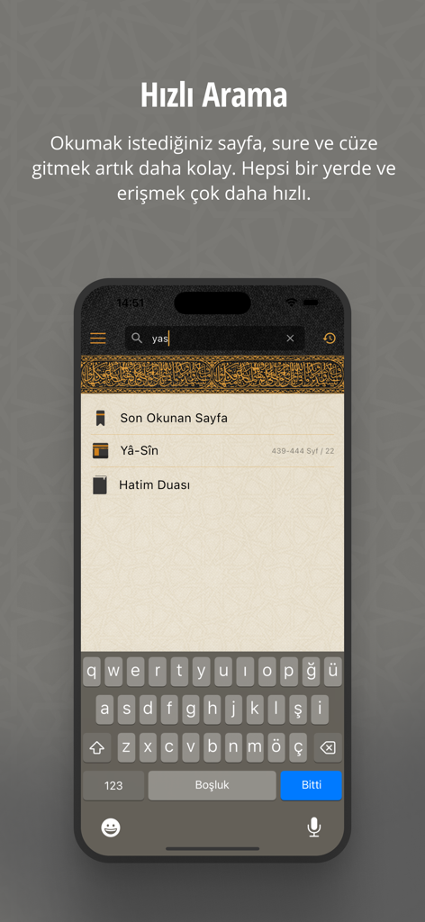 Fast search interface of the Kur'an mobile app showing search results for Surah Ya-Sin.