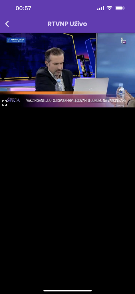 RTVNP mobile app interface showing a live TV news broadcast with an anchor in the studio