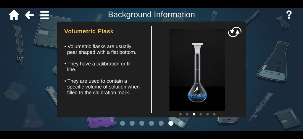 A screenshot from ChemiMeasure showing background information and a photo of a volumetric flask.