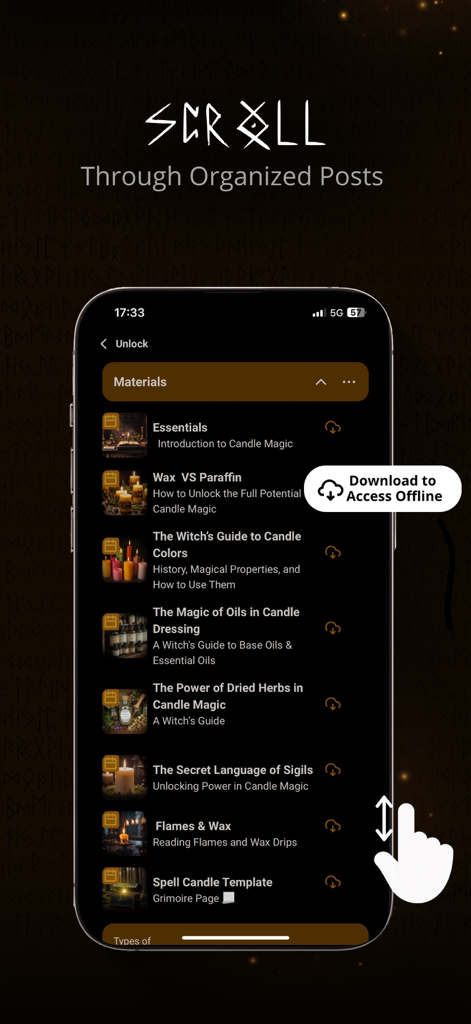 Uma interface de smartphone mostrando lições organizadas de bruxaria sobre magia com velas e rituais com uma opção de acesso offline