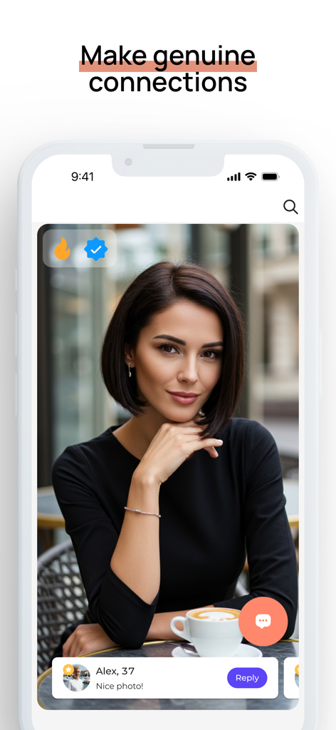 EuroDate app interface displaying a woman's profile with the headline Make genuine connections