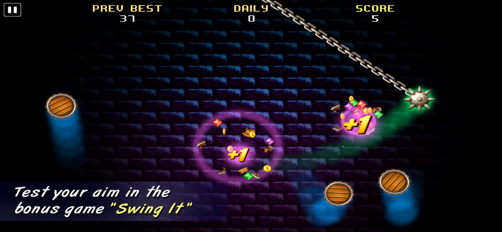 Screenshot of the Swing It bonus game in Bricks of Camelot showing a swinging spiked mace collecting treasure