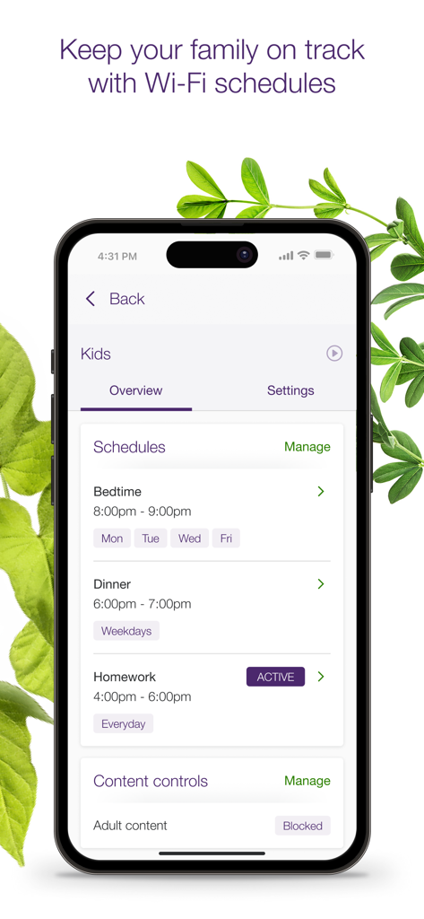 TELUS Connect app interface showing Wi-Fi schedules for bedtime dinner and homework with parental content controls