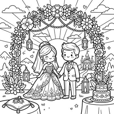 Step into a world of cuteness with this Kawaii wedding coloring page, capturing a sweet couple at their romantic sunset ceremony. Enjoy coloring the charming details of their special day, from the floral arch to the distant castle.