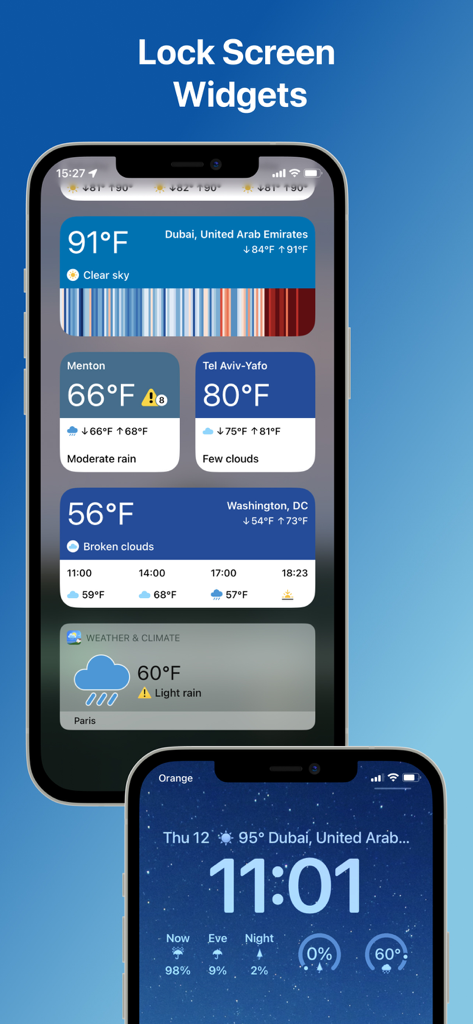 IPhone screens showing weather widgets and climate data with large high contrast text