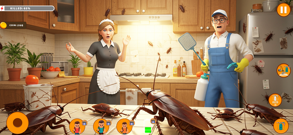 Idle Pest Cleaning Game 3D - Maid and exterminator facing giant cockroaches in a kitchen cleaning level