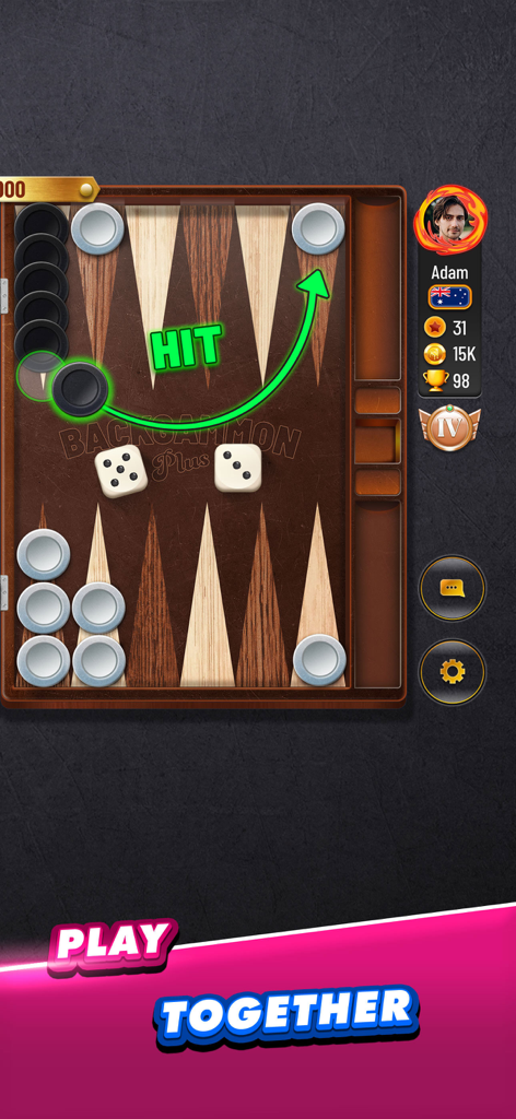 Backgammon Plus - Board Games - Partita di backgammon in corso sull'app Backgammon Plus che mostra una mossa di colpo e un lancio di dadi.