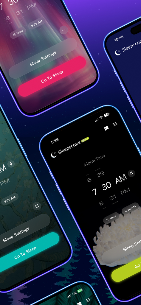 Sleepscape: Sleep Aid Alarm - 複数のモバイルデバイス上のSleepscape睡眠補助およびアラームアプリのインターフェース。