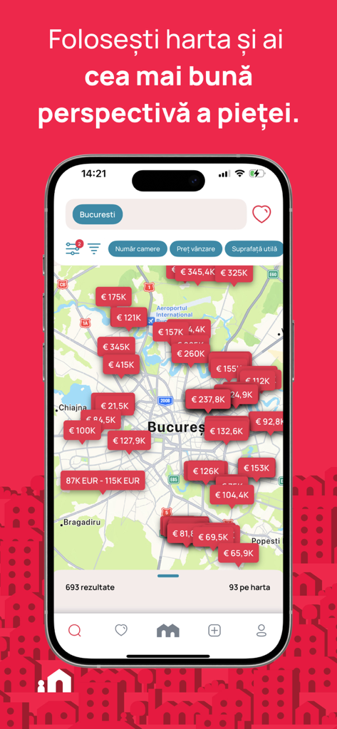 Map search interface of the Imobiliare.ro app showing property prices in Bucharest