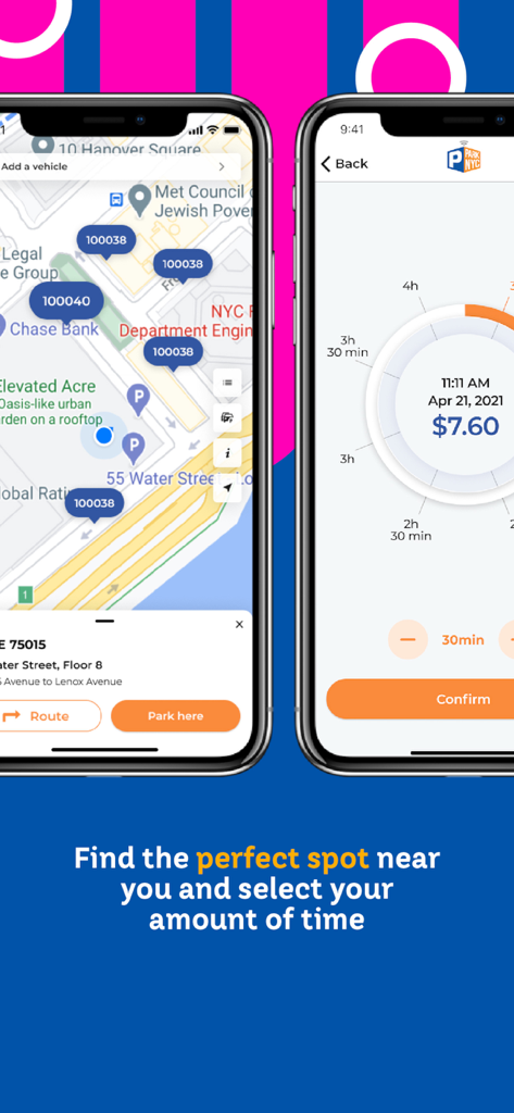 ParkNYC app screens showing a map of parking spots and a time selection dial