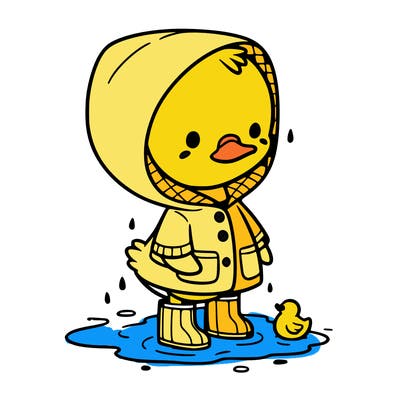 baby duck in a rain coat and boots, in a puddle while it’s raining