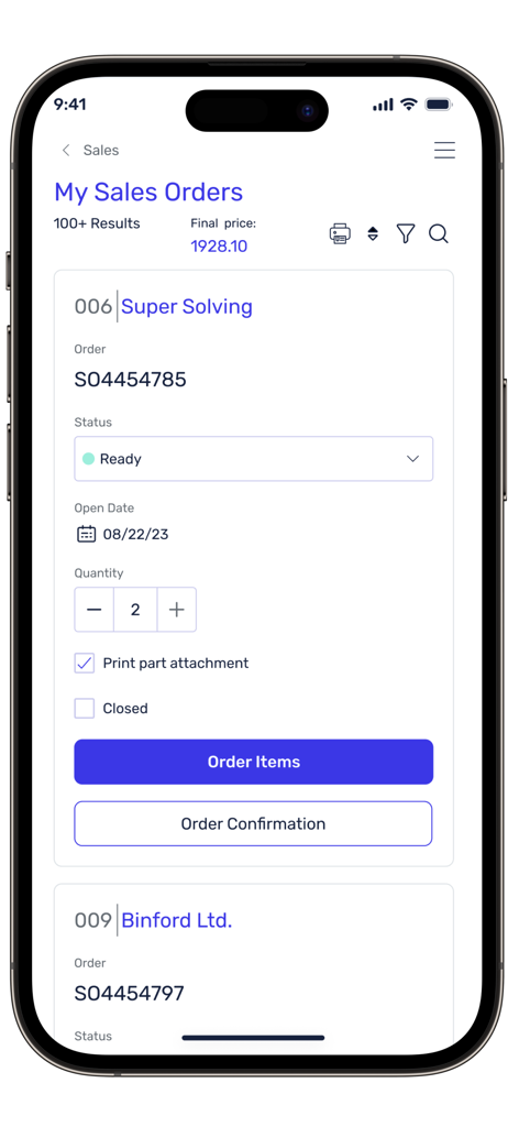 Priority Mobile - Une interface mobile pour l'application Priority Mobile affichant une liste de commandes clients comprenant les noms des clients, les numéros de commande et les indicateurs de statut.