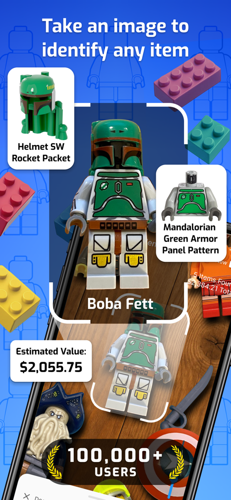 BrickScan: AI Minifig Scanner - BrickScan app identifying a Boba Fett minifigure and showing its estimated market value