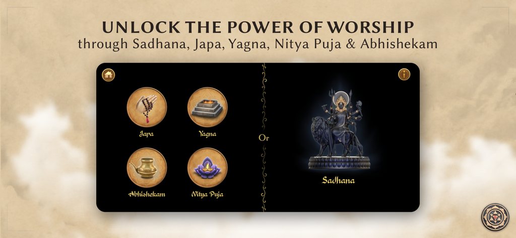 Sadhana: Mantra & Puja - Interfaz para seleccionar rituales védicos como Japa Yagna Abhishekam Nitya Puja y Sadhana en la aplicación