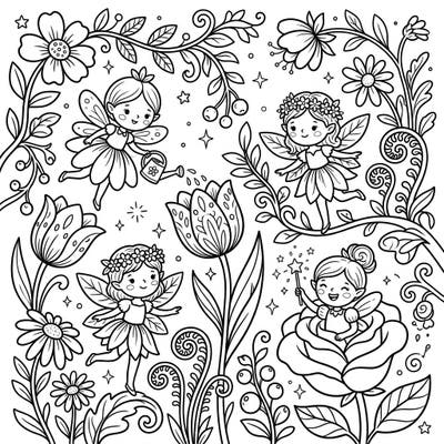 Bring a whimsical world to life with this delightful flower fairies coloring page, specially designed for young artists. Featuring charming sprites amidst a lush garden of blossoms and leaves, it's perfect for sparking imagination.