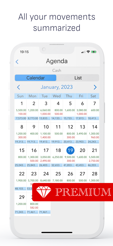 A calendar view in the Daily Expenses app summarizing daily financial movements.