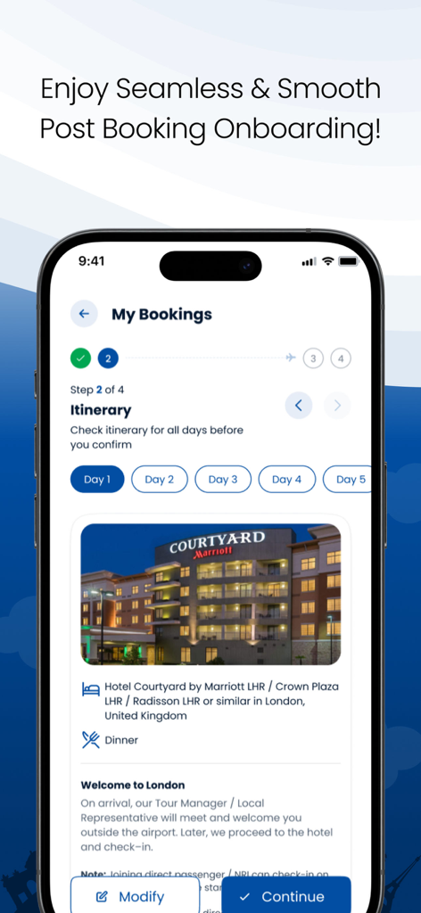 ロンドンのホテル詳細とウェルカムメッセージを含む旅行日程を表示するトーマス・クック・ホリデーズ・アプリ