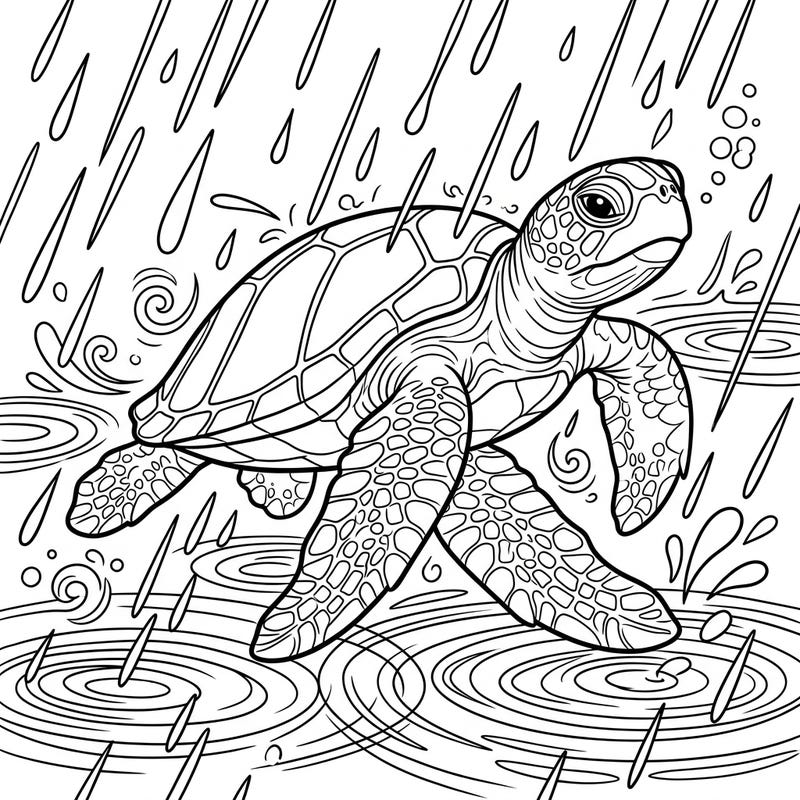 Immerse yourself in the calming world of this Green Sea Turtle coloring page, perfect for a cozy rainy day. Explore intricate details of raindrops and water ripples as you bring this ocean dweller to life with your colors.