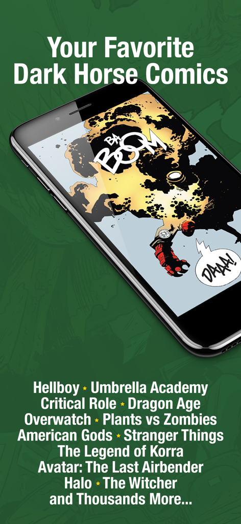 Smartphone displaying Hellboy comic with a list of popular Dark Horse titles like Umbrella Academy and Stranger Things