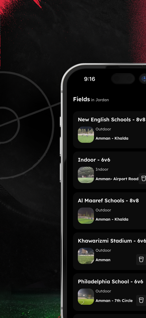 Playfootball ME - Mobile app screen showing various indoor and outdoor soccer field options for booking matches
