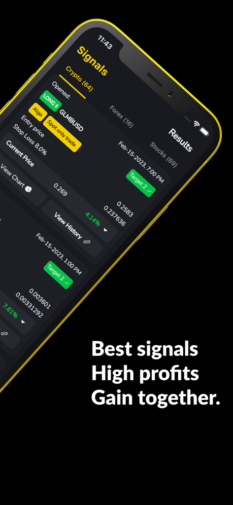 Interface do aplicativo móvel Signalbyt mostrando sinais de trading com IA em tempo real para criptomoedas, incluindo preços de entrada e resultados.
