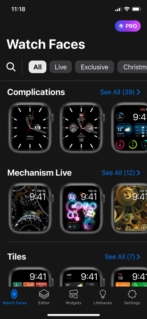 Screenshot of the Watch Faces Gallery app interface showcasing different Apple Watch face designs and customization categories.