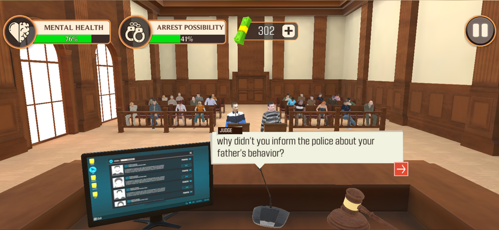 Judge Simulator Justices & Law - Gameplay screenshot of Judge Simulator showing a 3D courtroom scene with a moral choice dialogue and player stats.