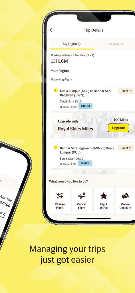 항공편 일정 및 여행 관리 옵션을 보여주는 로열 브루나이 항공 앱의 여정 세부 정보 화면.