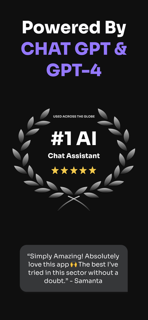 ChatAssist-Werbebildschirm, der die GPT 4-Integration mit einer Fünf-Sterne-Weltbewertung und einem positiven Nutzer-Testimonial zeigt