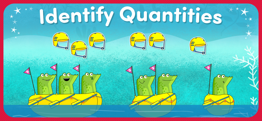 Pantalla de juego de matemáticas educativo para niños que muestra una actividad de conteo para identificar cantidades con cocodrilos y cascos.