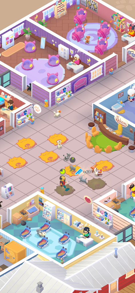 Isometric view of a multi-room cat shelter sanctuary with cats and staff