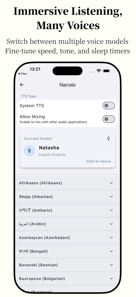 Anx Reader - Anx Reader app interface showing text to speech narration settings with multiple language options and voice model selection.