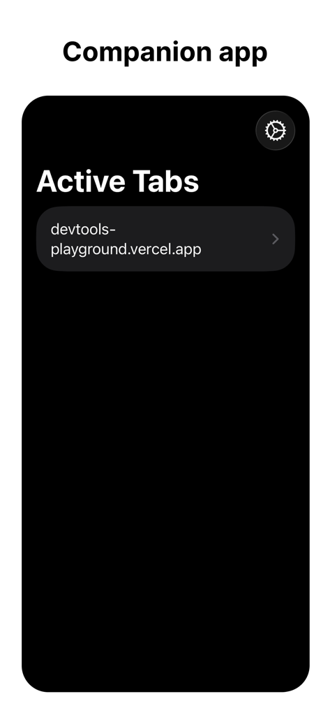 Oberfläche der devtools-Begleit-App, die aktive Browser-Registerkarten für das Debugging anzeigt.