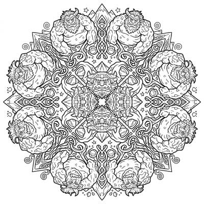 Embark on a mythical coloring adventure with this unique Mountain Troll Mandala. This symmetrical design intricately weaves rugged troll figures into a captivating circular pattern, perfect for fantasy art enthusiasts.