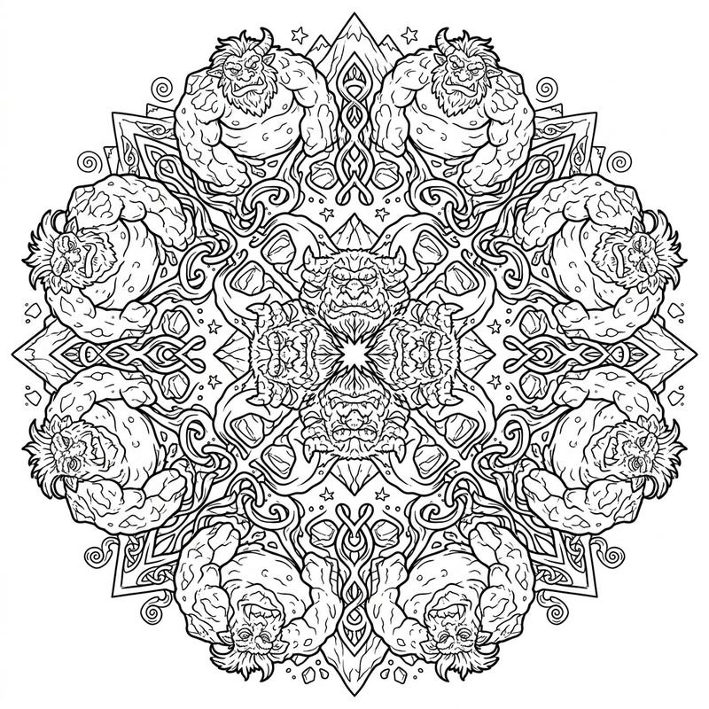 Embark on a mythical coloring adventure with this unique Mountain Troll Mandala. This symmetrical design intricately weaves rugged troll figures into a captivating circular pattern, perfect for fantasy art enthusiasts.