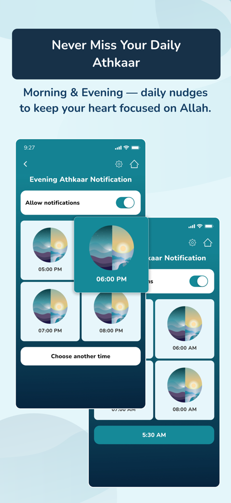 Zikraa app interface showing the daily morning and evening Athkaar notification settings with time selection options.