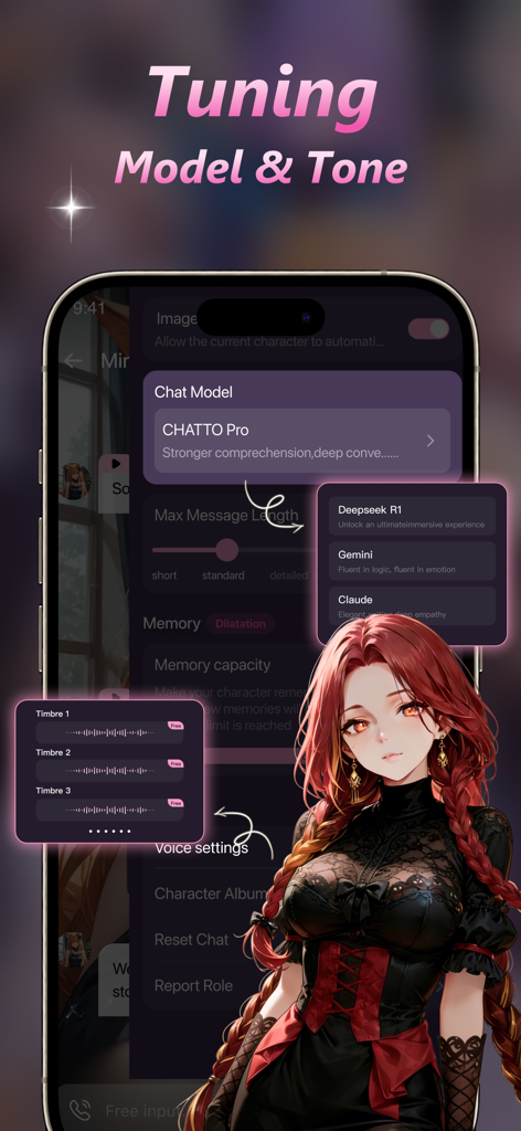Mobile app interface of Chatto showing character customization options including chat model selection, message length, and voice timbre settings next to an anime character.
