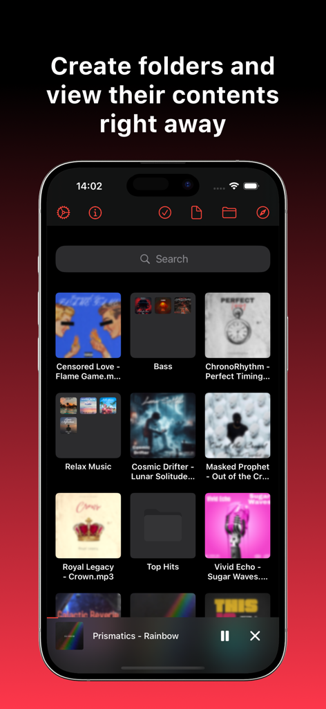 整理された音楽フォルダとアルバムを示すMusic Appオフラインプレイヤーのインターフェース。
