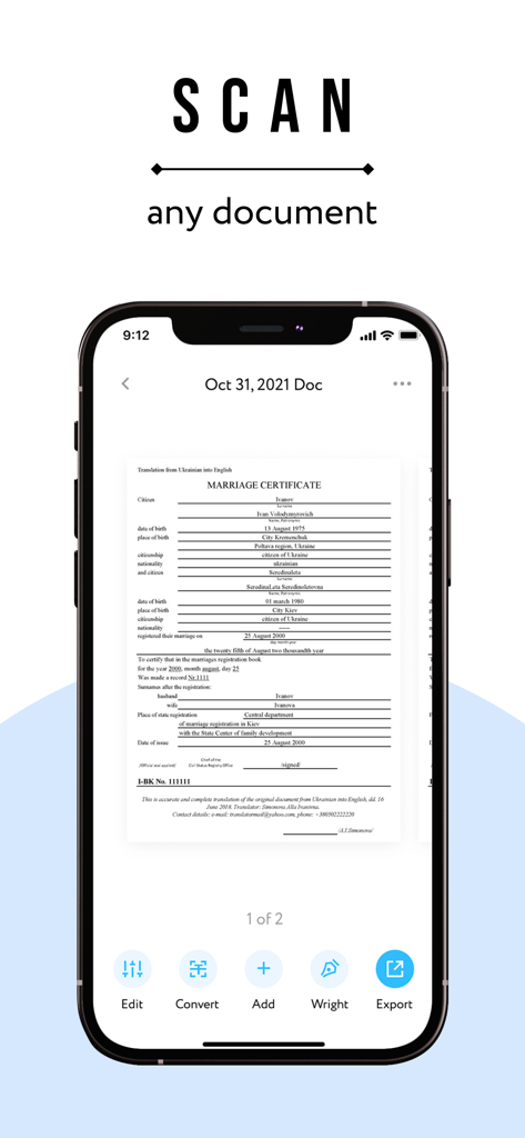 Interfaz del iPhone de la aplicación eScan mostrando un documento escaneado con opciones para editar, convertir y exportar