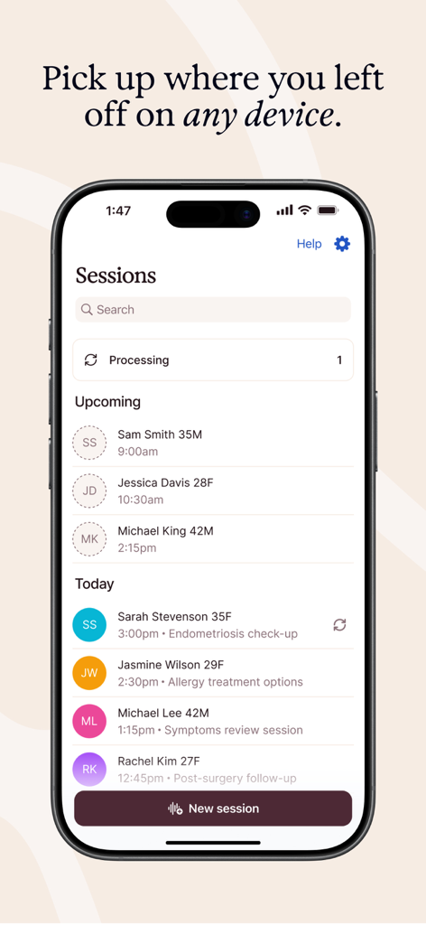 A list of upcoming and current patient medical sessions on the Heidi AI Medical Scribe mobile app displayed on an iPhone