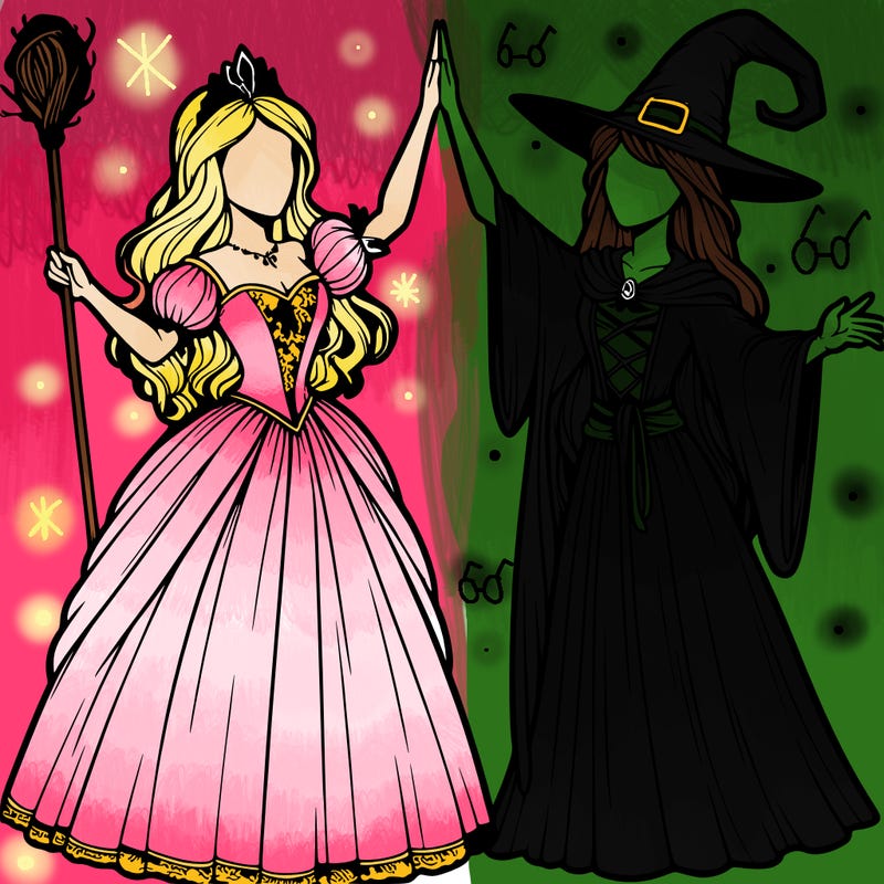 detailed realistic split of a princess and a witch
