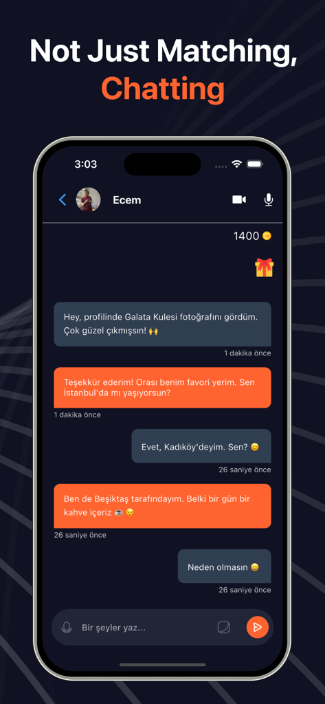 Vibesme - Friendship Chat - Una pantalla móvil que muestra una conversación de chat entre usuarios en la aplicación Vibesme con burbujas de mensaje naranjas y grises.