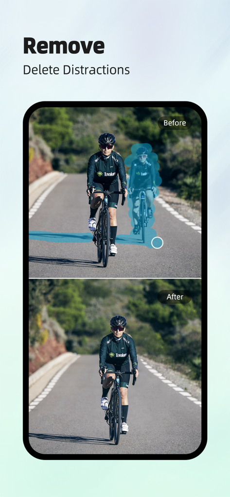 Linpo: Photo Dance & AI Filter - Before and after comparison of the AI remove tool deleting a person from a cycling photo